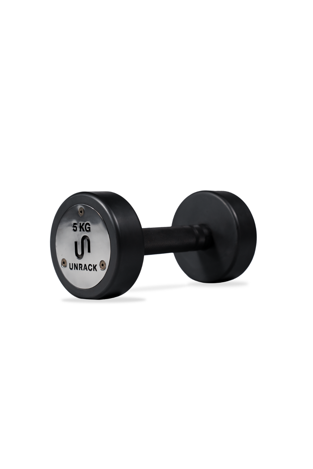 Black dumbbell with '5 KG' marking on a white background