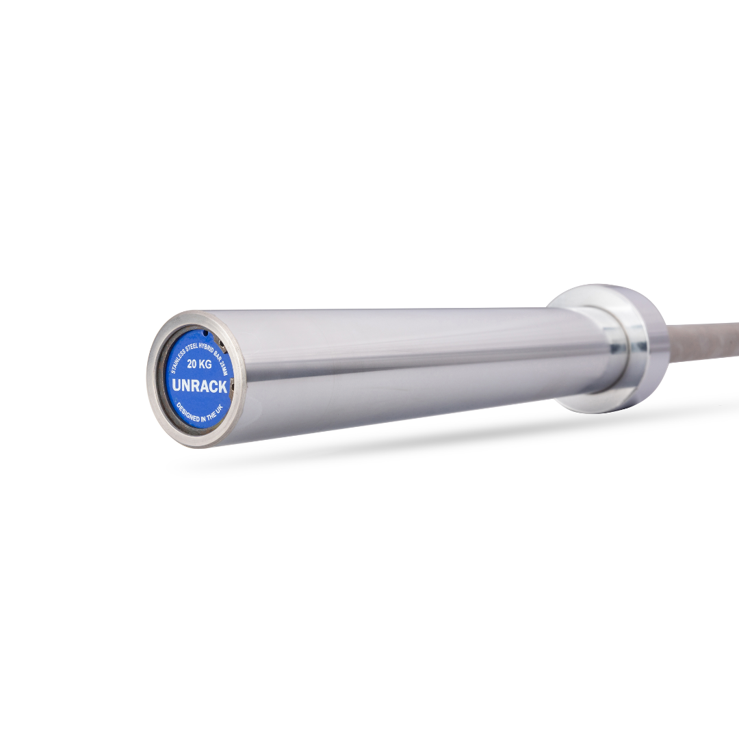 Indian 20 kg Olympic barbell, 28 mm stainless shaft, bronze bushings.