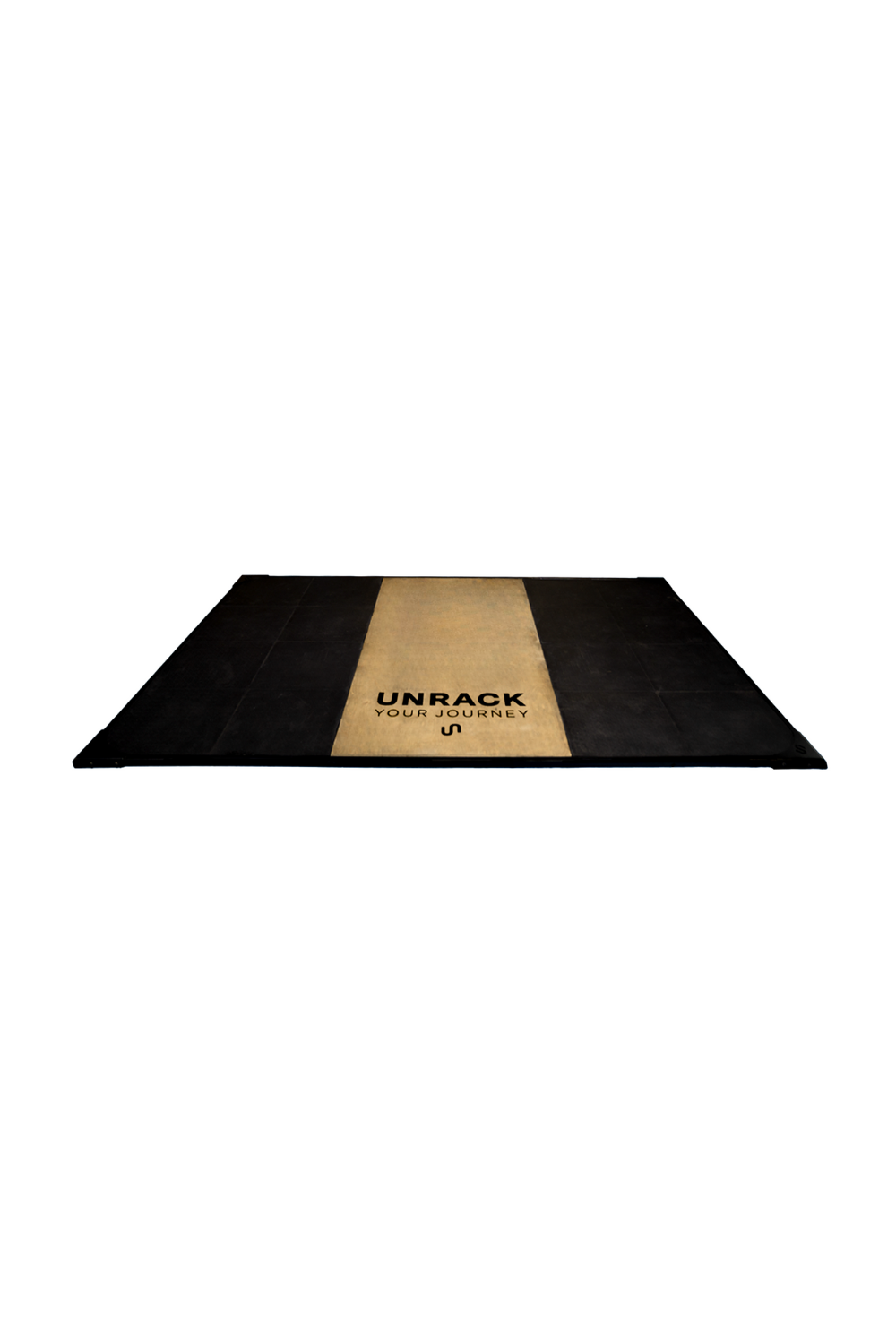 Black rubber tiles around a wood showcasing a weightlifting platform 