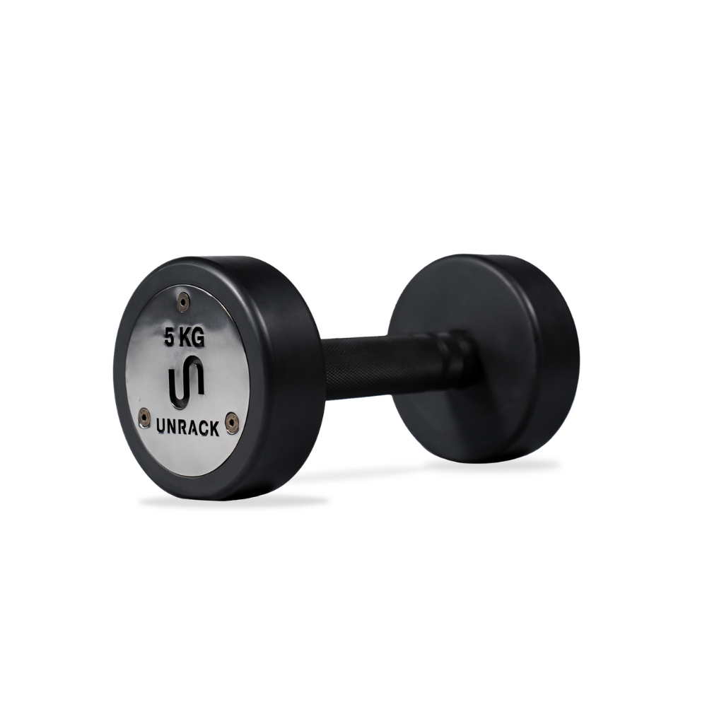 Black dumbbell with '5 KG' marking on a white background