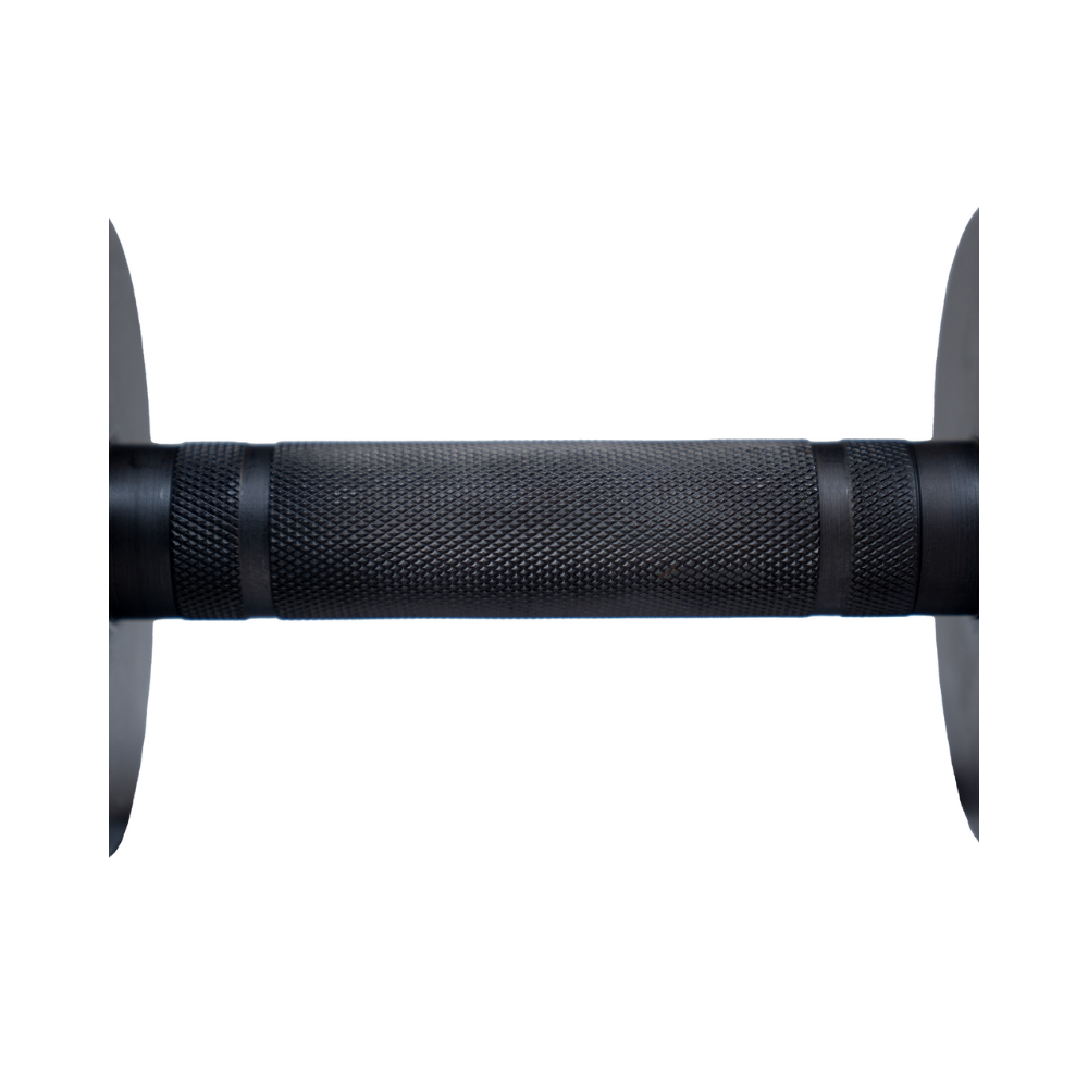 Black metal rod with textured grip on a white background