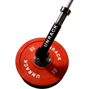 Red weight plate with 'UNRACK' text on a white background