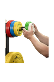 Person holding a barbell with colorful weight plates on a stand on a white background