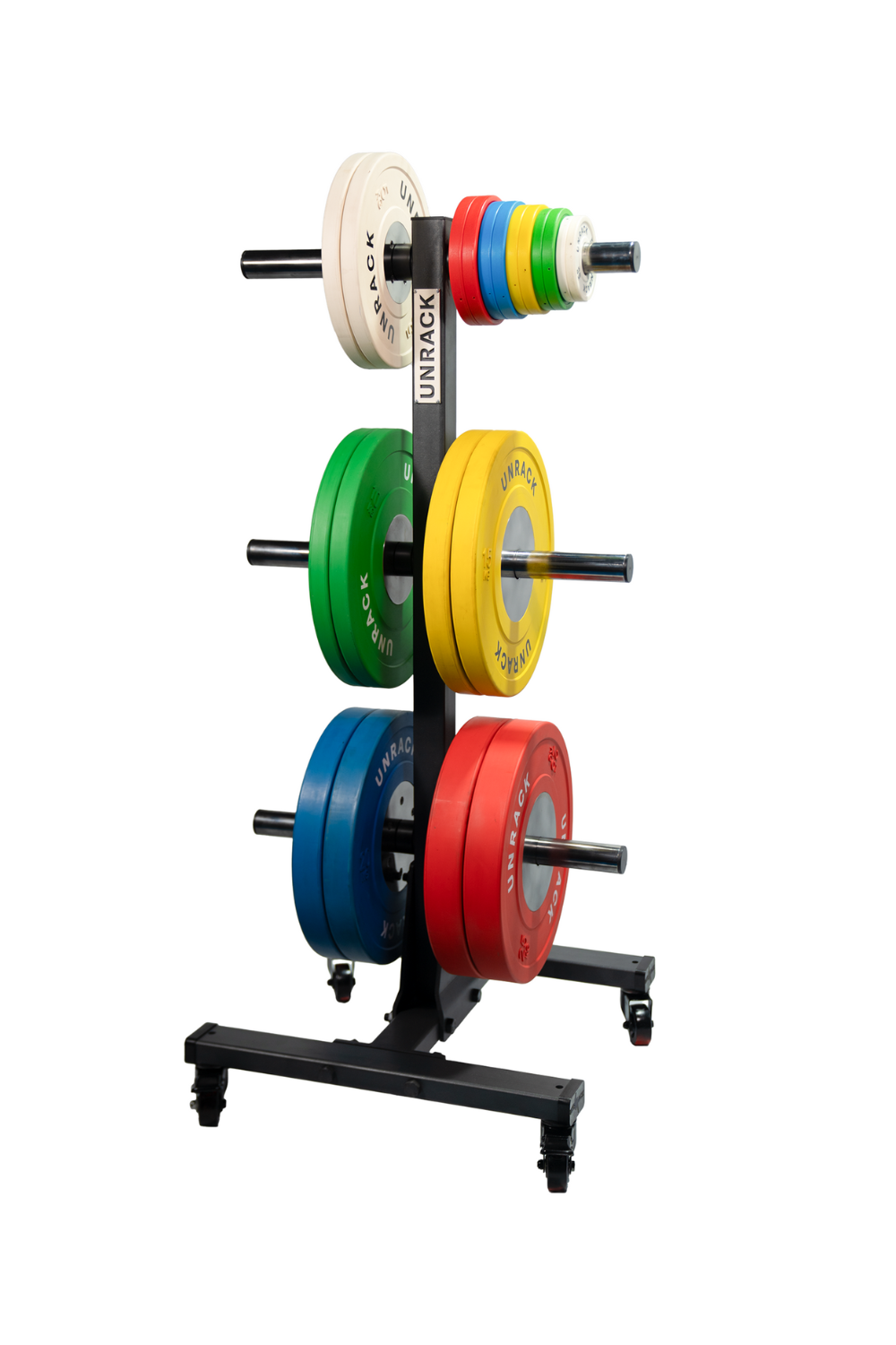 Colorful weight plates on a barbell stand with a white background